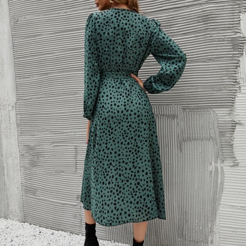 Boho Leopard Print Bishop Sleeve Wrap Dress - Picture 8 of 11